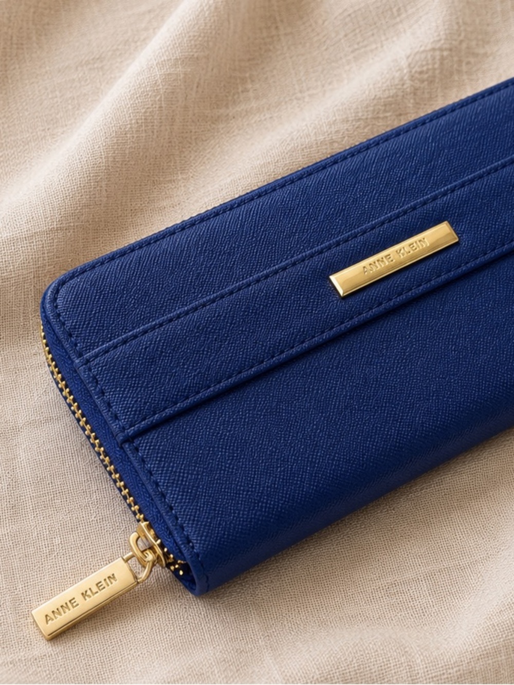 Anne Klein Blue Zip Around Wallet Gold Hardware Polka Dot Interior EUC - Picture 3 of 6